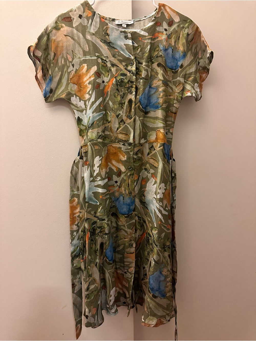 Le Regarre Linen Floral Olive Button-Front Short Sleeve Belted Dress